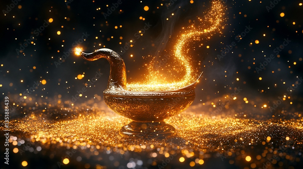 Poster golden magical lamp with sparkling lights emitting from it on black background