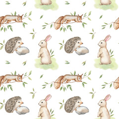 Naklejka premium Watercolor forest seamless pattern with cute animals. Wild baby hedgehog, squirrel, white bunny. Hand drawn kid illustration. Funny design for print, nursery textile, wrapping, wallpaper.