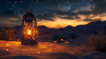 A vintage lantern glows softly on the desert sand under a starlit sky at dusk
