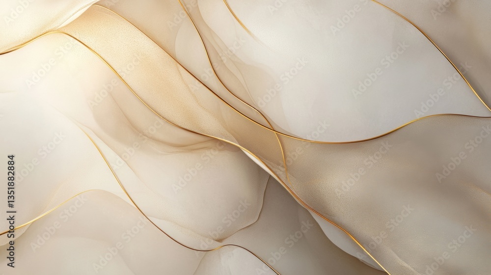 Poster elegant pastel light brown abstract background with smooth golden line curves, creating a modern lux