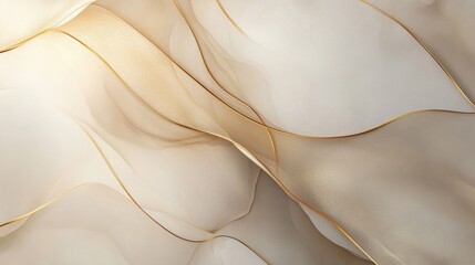 Elegant pastel light brown abstract background with smooth golden line curves, creating a modern luxury design template. Soft lighting and subtle textures.