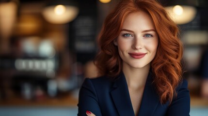 Obraz premium A woman with red hair is smiling and wearing a blue jacket. She is posing for a picture