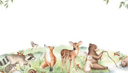 Watercolor composition with cute forest animals. Baby raccoon, deer, fox, bear, hedgehog, bunny, beaver. Woodland creatures illustration. Design for nursery print, wall art, invite, poster, cards.