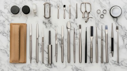 Flat lay of various beauty and skincare tools arranged on marble surface