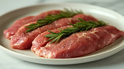 Raw Steaks with Rosemary on White Plate