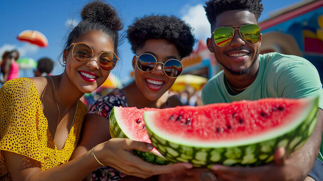 A vibrant scene of friends wearing sunglasses, posing playfully with watermelon slices as "smiles" - Powered by Adobe
