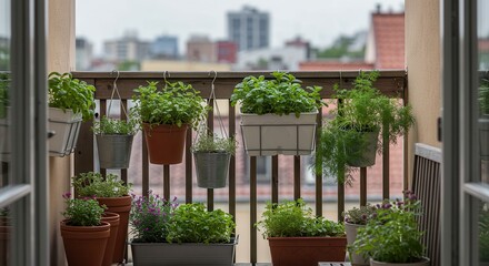 Naklejka premium Balcony Gardening Growing Herbs and Flowers in Pots with City View