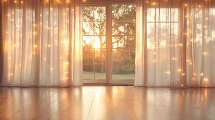 Fototapeta premium Warm sunlight streams through a glass door with sheer white curtains decorated with glowing fairy lights, illuminating a wooden floor inside a cozy room.