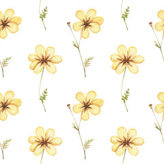 Watercolor seamless pattern with yellow flowers. Hand drawn illustration. Daisy botanical ornament. Camomile print.