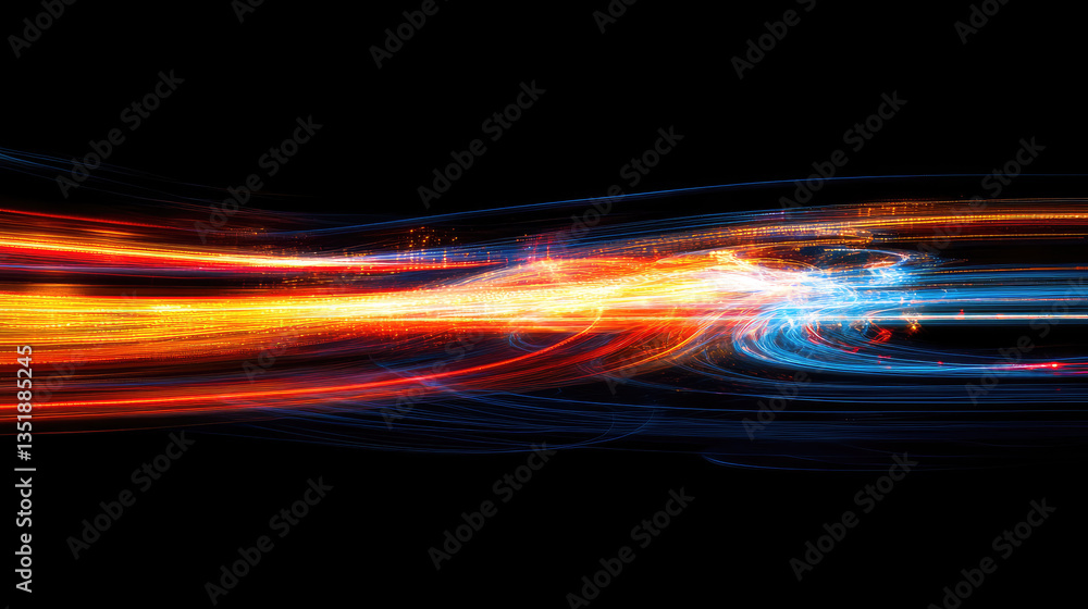 Poster abstract neon light trails in vibrant motion, forming dynamic curved lines against a black backgroun