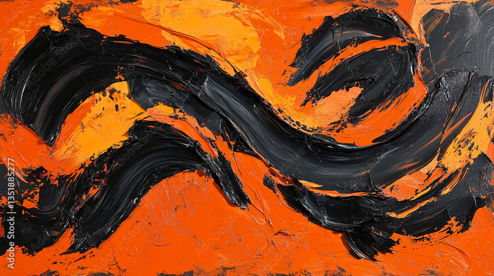 Aufkleber Abstract painting with orange and black paint strokes, creating a dynamic and textured visual.  Represents energy, movement, and artistic expression.  Suitable for modern decor