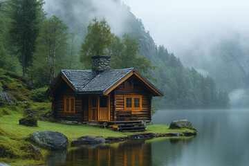 Fototapeta premium Wooden house on a peaceful lake surrounded by mist