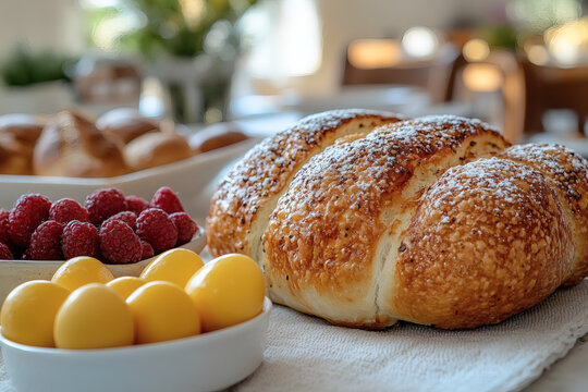 Hausgemachtes Osterbrot mit frischen Beeren und Zuckereiern auf Tisch
