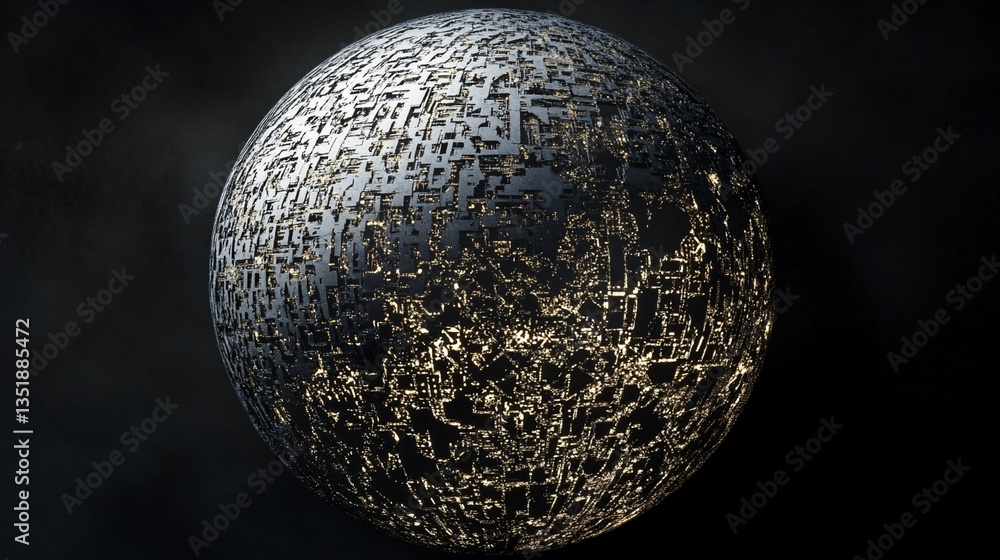 Poster futuristic metallic sphere with intricate grid pattern and illuminated areas against black backgroun