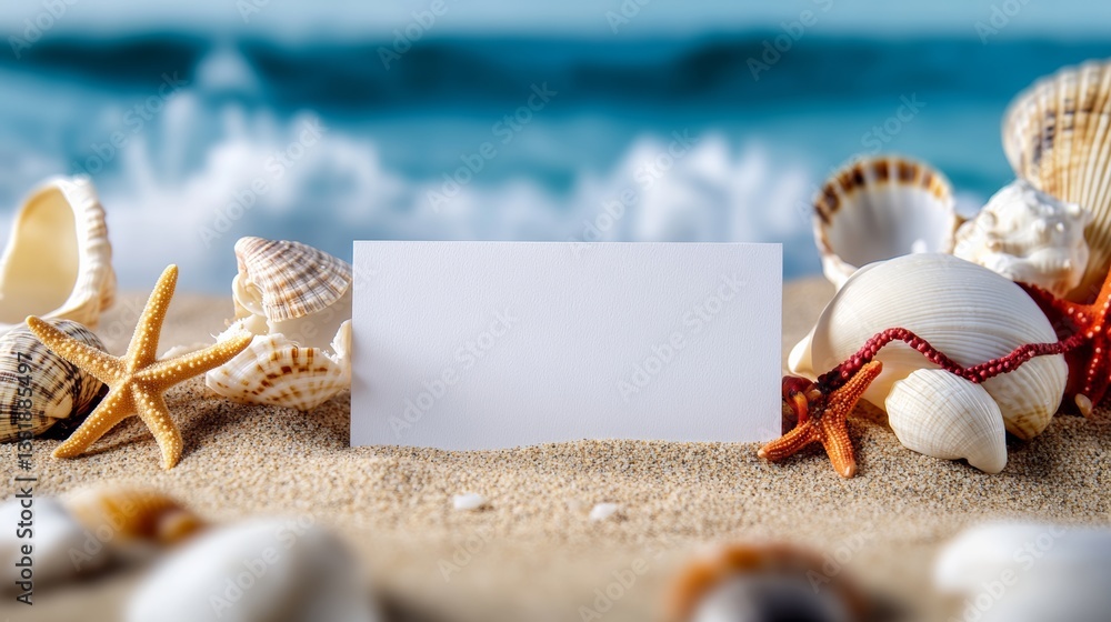 Poster a white sign is on the sand next to a starfish and a shell. concept of relaxation and leisure, as it