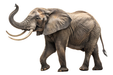 Fototapeta premium An African elephant majestically raises its trunk in a celebratory display of strength and freedom isolated on a black background showcasing detailed skin texture and impressive ivory tusks perfectly.