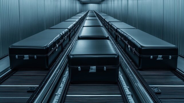 Conveyor Belt System: Rows of Black Containers in a Modern Industrial Facility