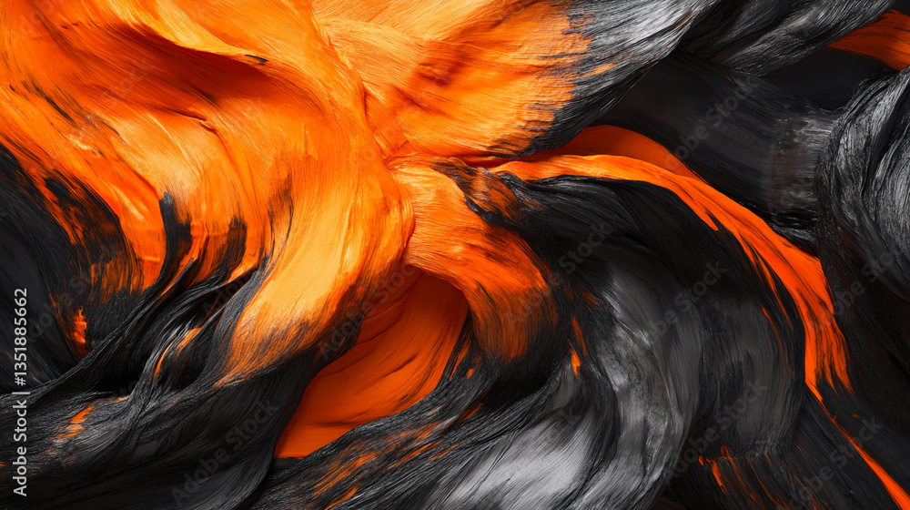 Poster Abstract image of swirling orange and black paint textures creating a dynamic and energetic composition, showcasing fluidity and contrast, ideal for modern art or design concepts