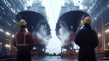 Shipyard Workers Admiring Gigantic Vessels