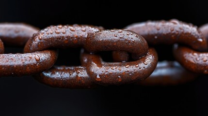 Rusty chain links close-up with water droplets