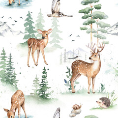 Watercolor animals seamless pattern, cute deer, owl, hedgehog. Hand drawn illustration. Evergreen wild forest landscape, design for print, postcard, greeting card, textile, wrapping, wallpaper.