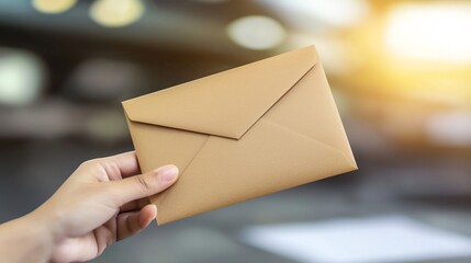 Hand holding corporate envelope mockup close up view blurred background