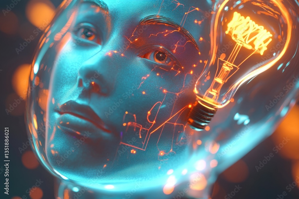 Poster a translucent robotic face illuminated with an incandescent lightbulb, symbolizing artificial intell