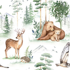 Watercolor seamless pattern with wild animals. Cute deer, owl, hedgehog, bear. Hand drawn illustration. Evergreen forest, scandinavian landscape, design for print, textile, wrapping, wallpaper.