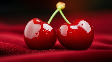 Two cherries are sitting on a red cloth. The cherries are heart shaped and are placed close to each other
