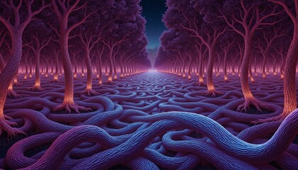 mystical pink trees in night sky  surreal landscape illustration