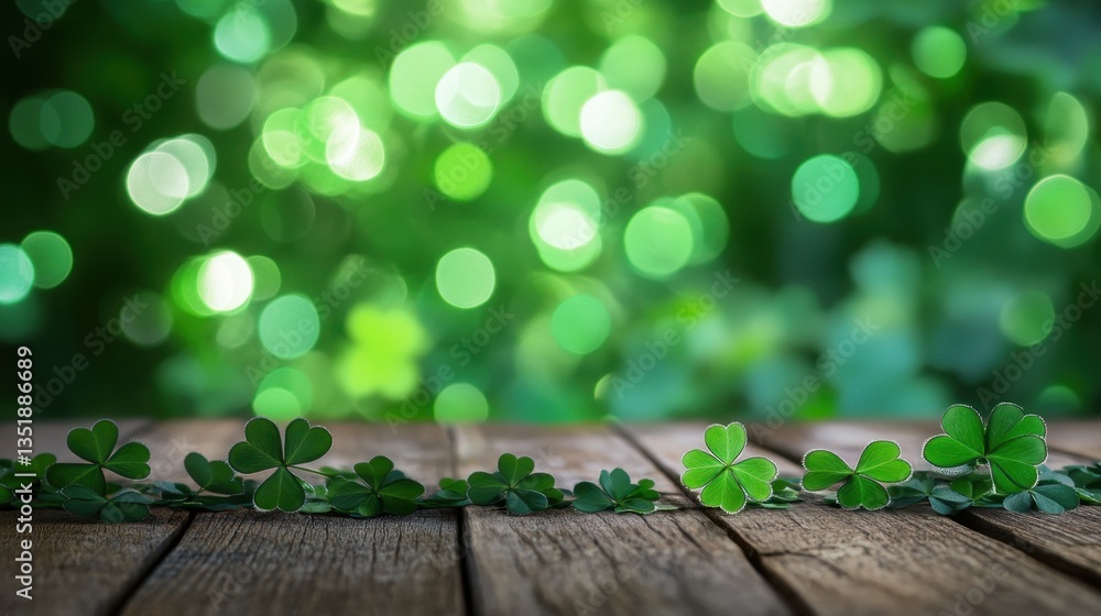 Aufkleber empty wooden tabletop with shamrocks and a blurred green bokeh background