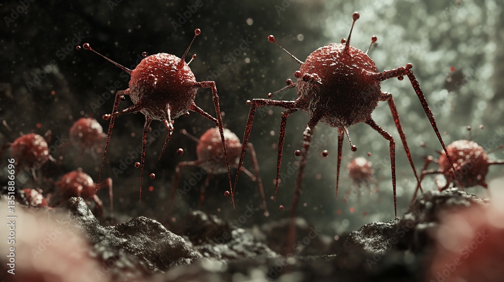 Poster microscopic red cell structures with spiked legs and antennas floating in dark space