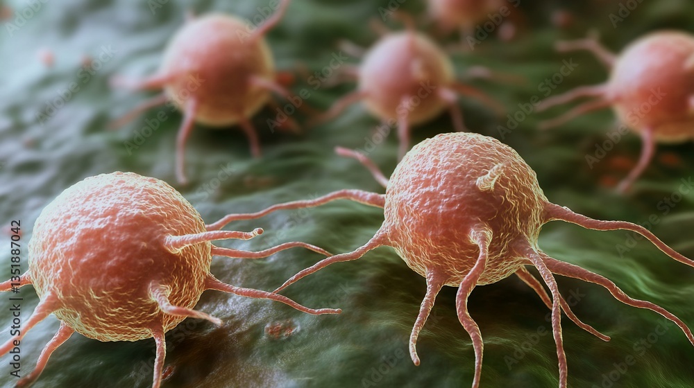 Poster detailed 3d render of biological cells or viruses with distinct tentacles and a textured surface