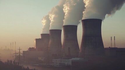 Nuclear Power Plant at Dawn: A Hazy Industrial Landscape