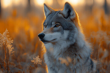 Fototapeta premium Wolf with a golden gaze standing in the autumn field