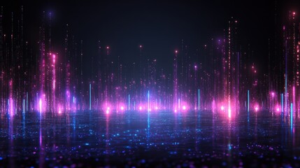 Abstract Digital Cityscape: Neon Lights and Glowing Particles