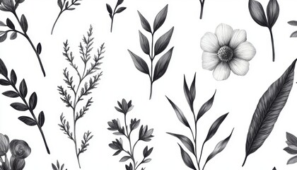 Seamless pattern of dried wildflowers, soft organic branches, and ink-drawn delicate line art florals, soft and timeless