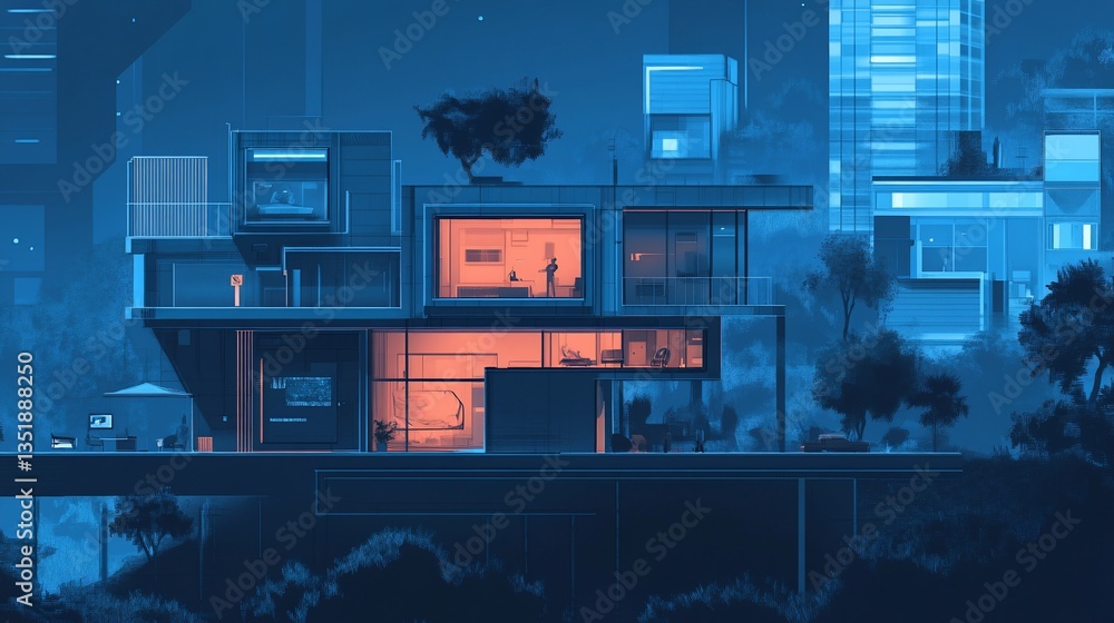 Poster modern architecture at night, a multi-level home with illumination and a distinctive design
