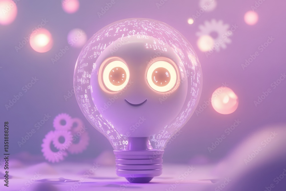 Poster a cute robotic lightbulb with code and equations inside, symbolizing innovation and ai.
