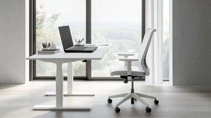 Modern, adjustable height desk and chair in a bright, minimalist workspace