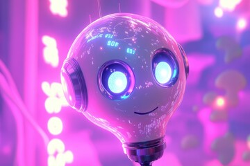 A cute, bulb-shaped robot with glowing eyes, set against a vibrant pink and purple background.