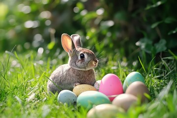 Cute rabbit surrounded by colorful Easter eggs