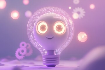 A cute robotic lightbulb with code and equations inside, symbolizing innovation and AI.