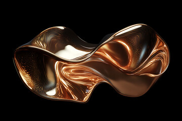 A stunning abstract composition of elegant, flowing waves in rich copper and gold tones, set against a glossy black background. The dynamic curves exhibit a metallic sheen, creating a futuristic and l