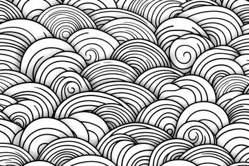 Seamless pattern of concentric energy waves, abstract sacred spirals, and delicate line art, flowing in soft monochrome tones