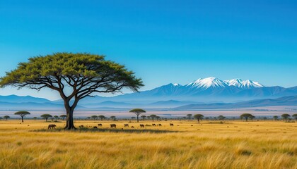 Majestic elephants grazing african savanna nature scene clear sky wide angle serenity