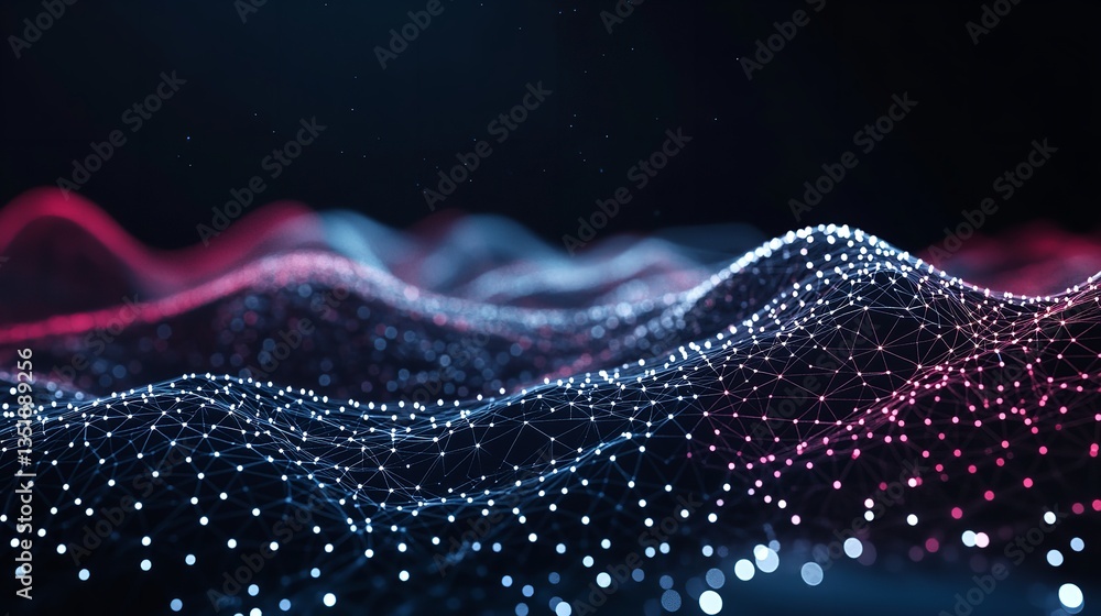 Poster abstract network landscape with connected dots and lines in blue and pink colors on dark background