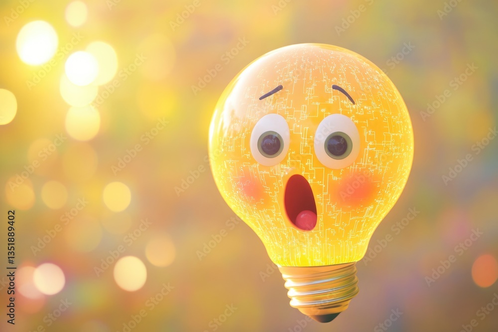 Poster a surprised lightbulb emoticon with circuit board design, glowing brightly against a bokeh backgroun