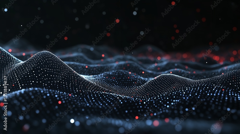 Poster a digital landscape with white and red dots forming an undulating surface under a dark background