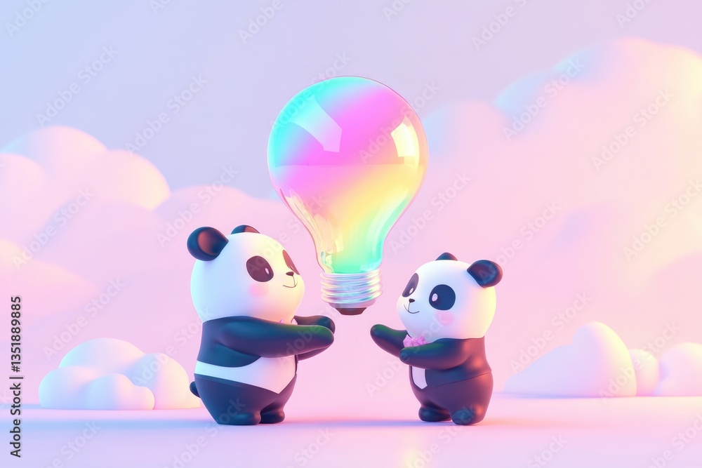 Aufkleber two adorable pandas in tuxedos present a colorful lightbulb, symbolizing a bright idea.